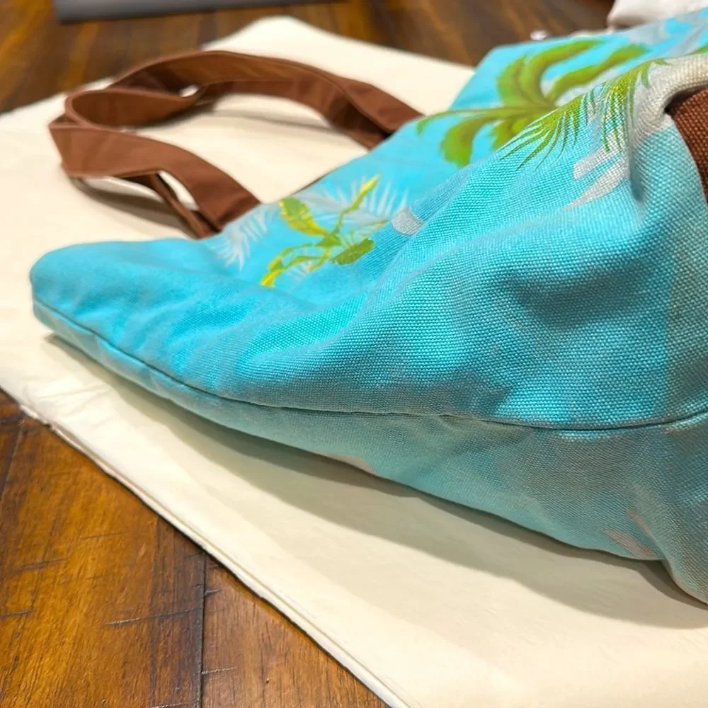 Bath and Body Works Vintage Y2K Palm Floral Print Canvas Tote Green & Blue